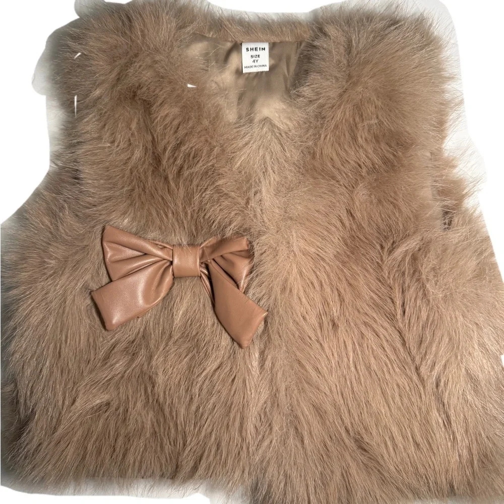 Stylish Tan Faux Fur Vest, ribbed top and faux leather pleated skirt